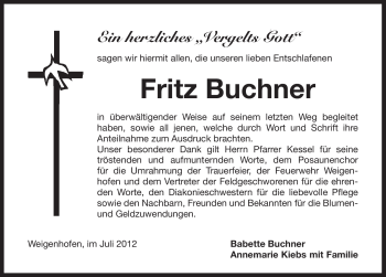 Traueranzeige von Fritz Buchner von Pegnitz-Zeitung